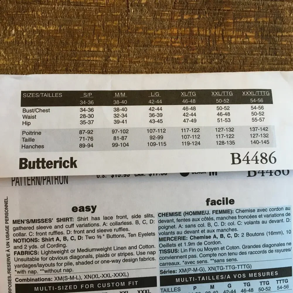 Butterick Sewing Pattern B4486 Unisex Renaissance Blouse Lace Up S-M-L UNCUT